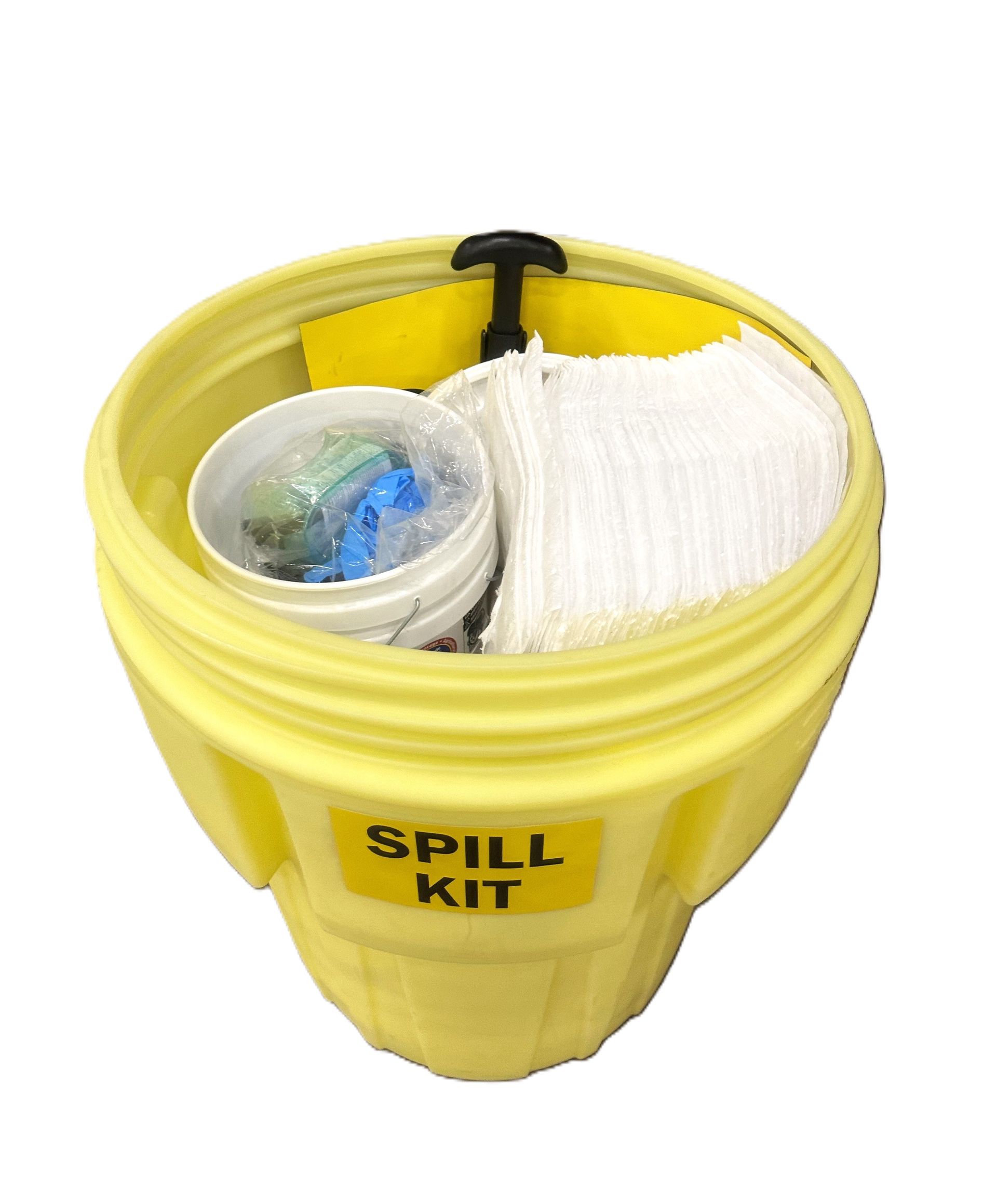 Open yellow spill kit bucket containing cleaning pads and supplies on a white background.