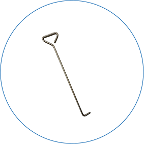 Metal hook tool with a triangular handle, angled towards the right.