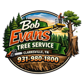 Bob Evans Tree Service logo with trees, crew, truck, Clarksville, TN, and phone number 931-980-1800