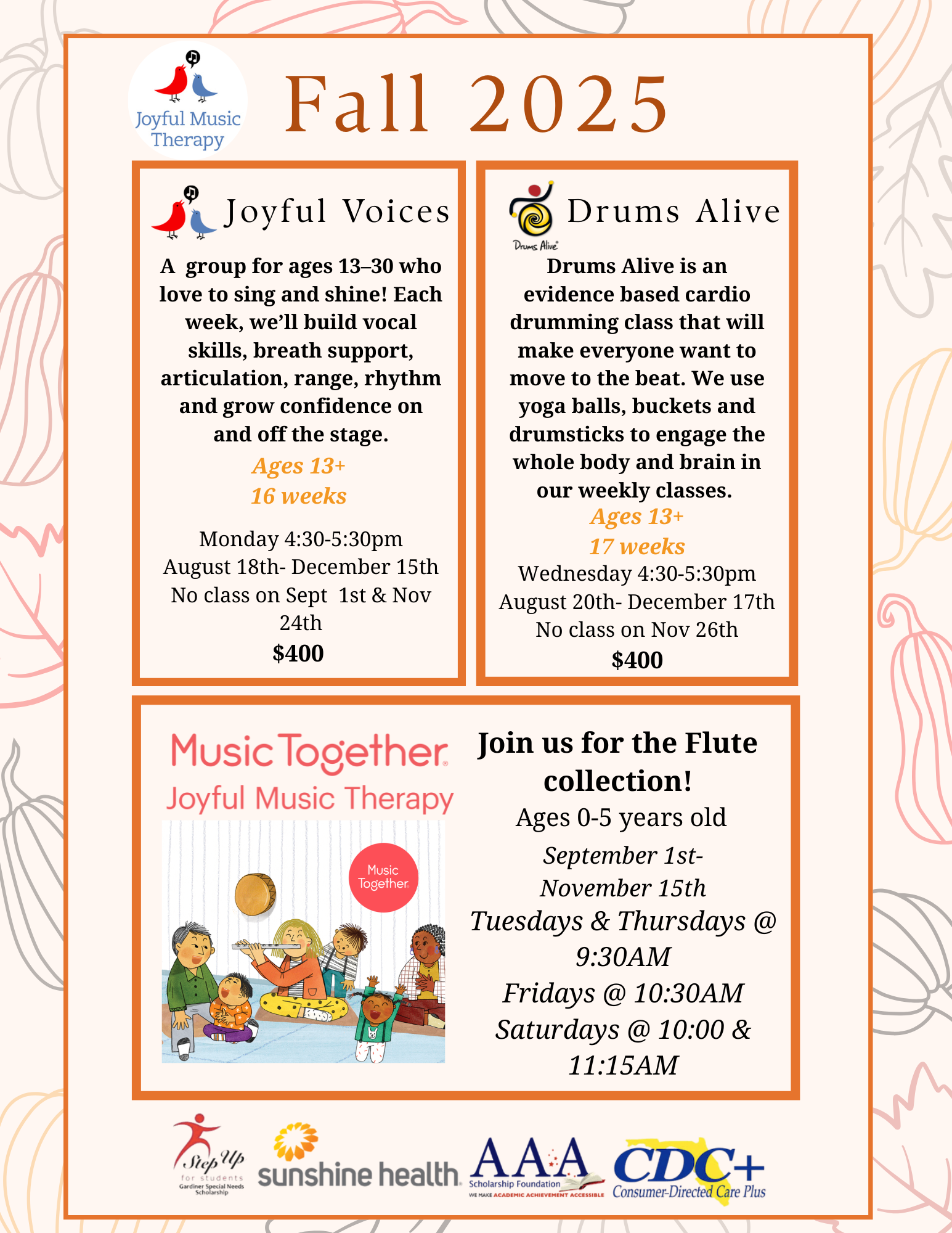 Fall 2025 flyer with children's activities. Includes 