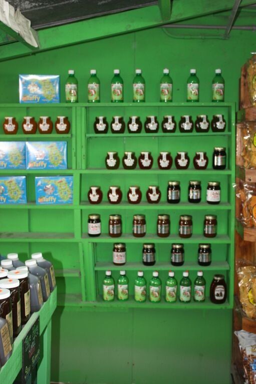 Green shelves stocked with jars and bottles of various preserves and honey.