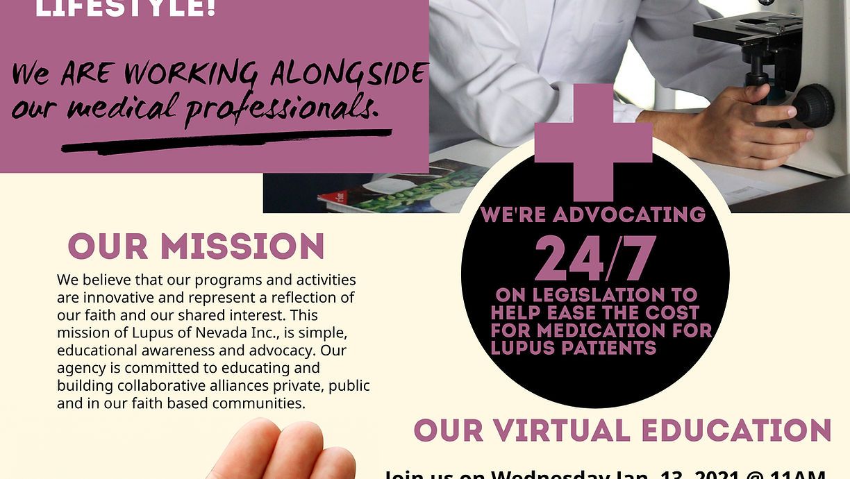 Advertisement: Text with a medical theme, purple accents, and a photo of a doctor using a microscope.
