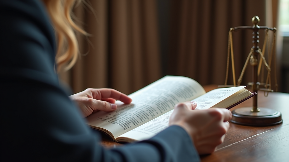 Woman in suit reading a book at a table with a scale of justice.