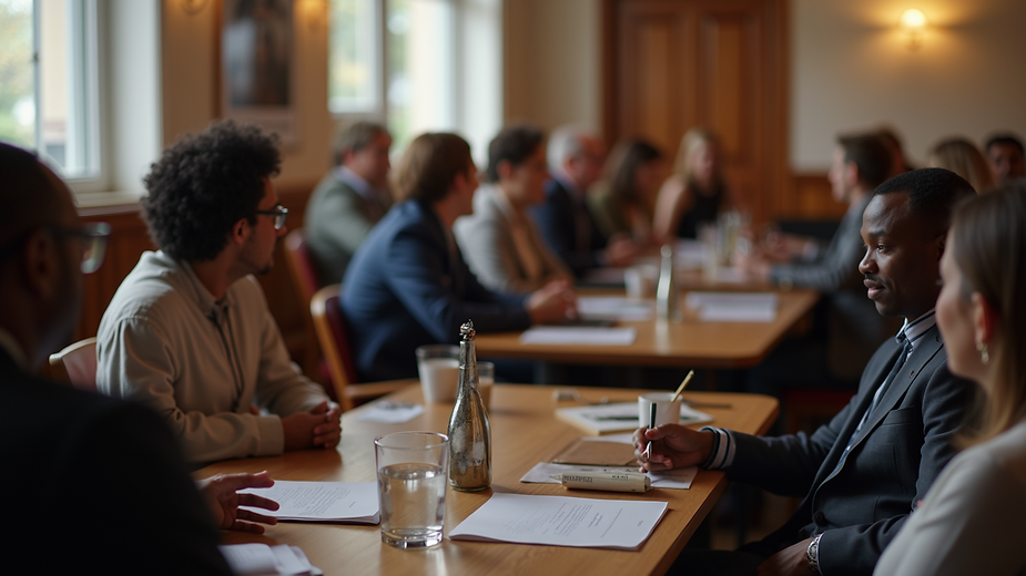 People seated at tables in a meeting. Some are talking, papers and water glasses on the tables, in a well-lit room.