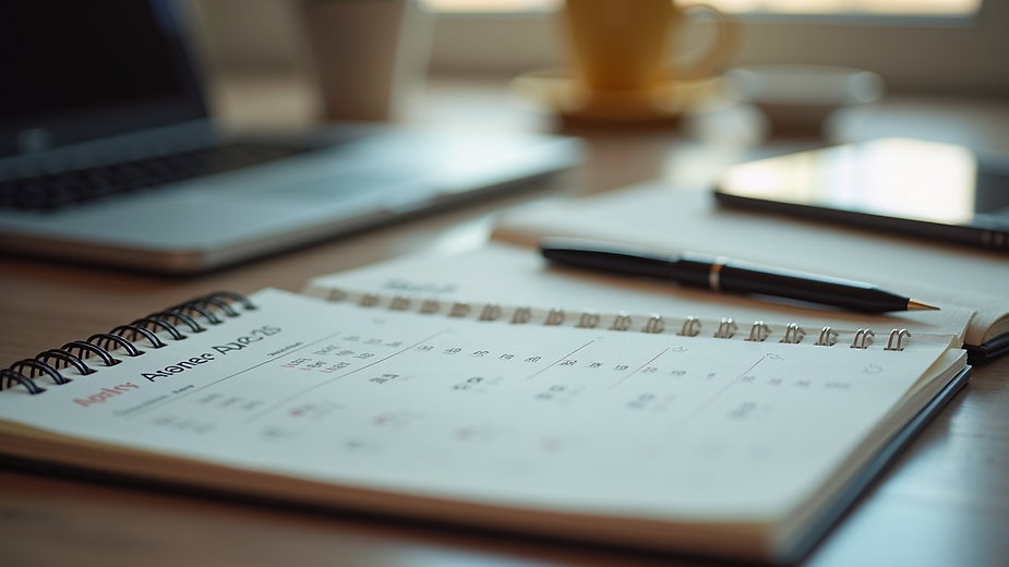 Notebook open with pen, laptop, and phone on a desk, possibly planning.