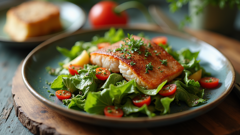 Salmon fillet on a bed of greens, tomatoes, and herbs on a blue plate, with a side of bread.