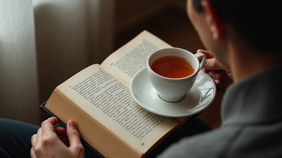 Person holding a cup of tea on a saucer, resting on an open book, reading.
