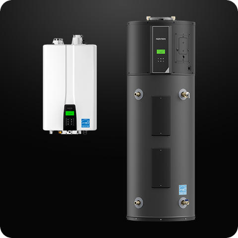 Two water heaters: a white tankless and a black, cylindrical storage unit, against a black background.