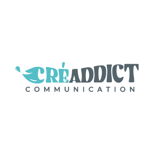 Logo for CréAddict Communication, turquoise and gray, with a stylized paintbrush.