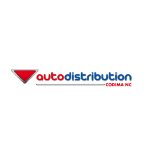 Logo of Autodistribution with a red triangle and text, 