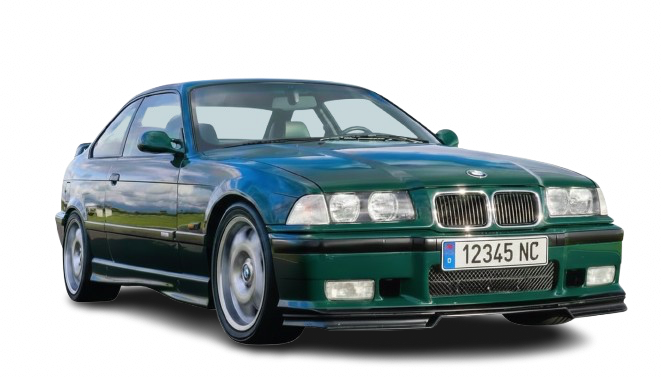 Green BMW coupe with silver rims and license plate 