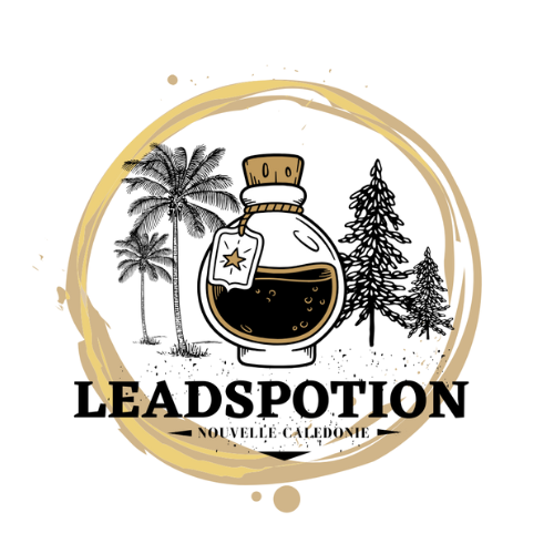 Logo: Glass bottle of dark liquid, palm and pine trees within a gold circle, 