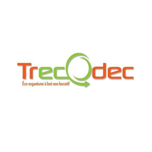 Logo for Trecodec, an eco-organization. Orange and green text and a green recycle arrow in the 