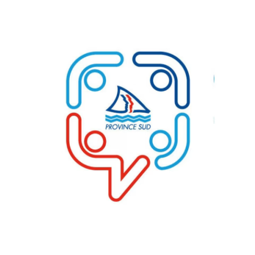 Logo: blue and red figures in a square, shark fin illustration, 