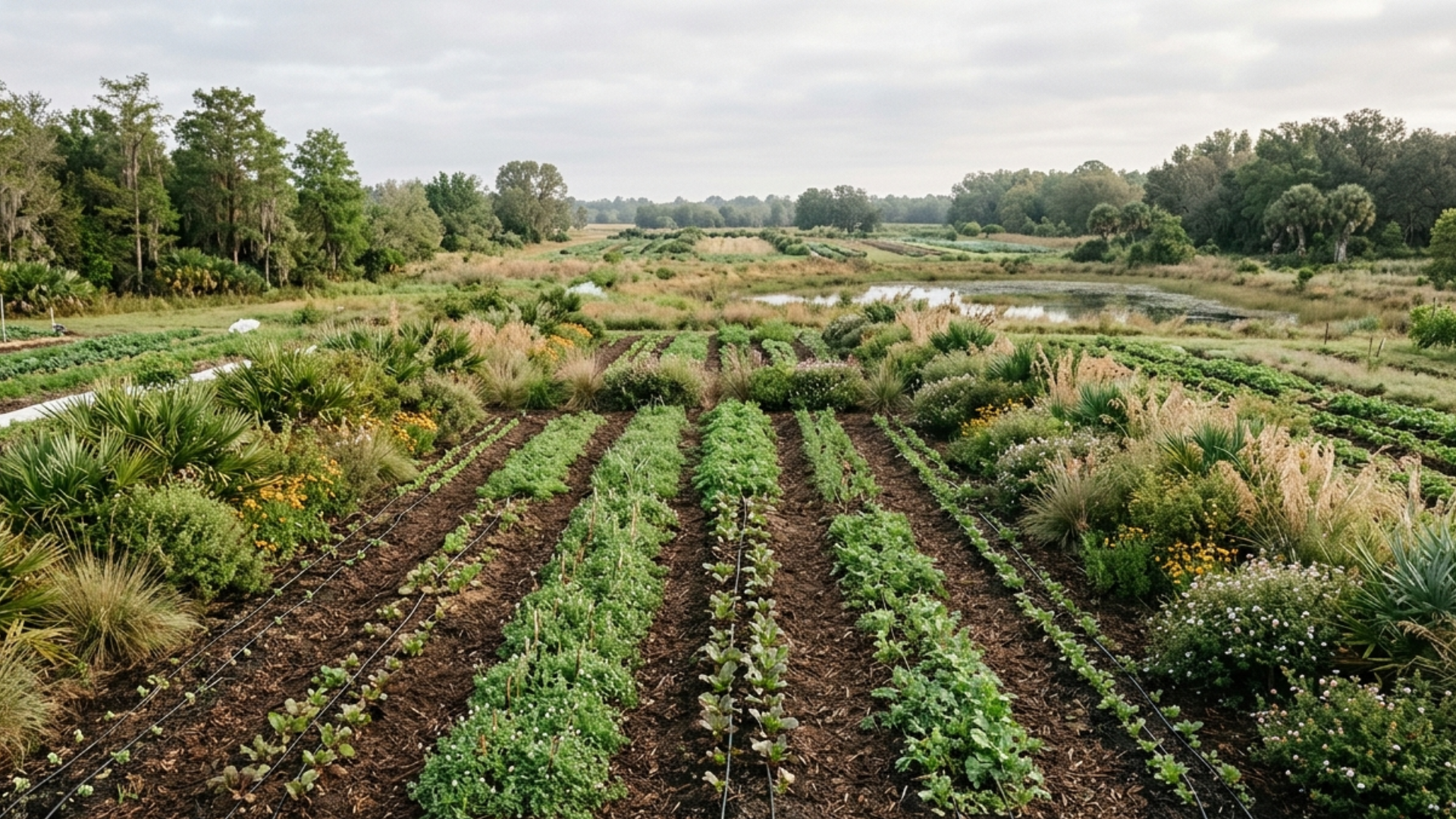 Rows of young crops in a large green field, with trees and a cloudy sky in the background.