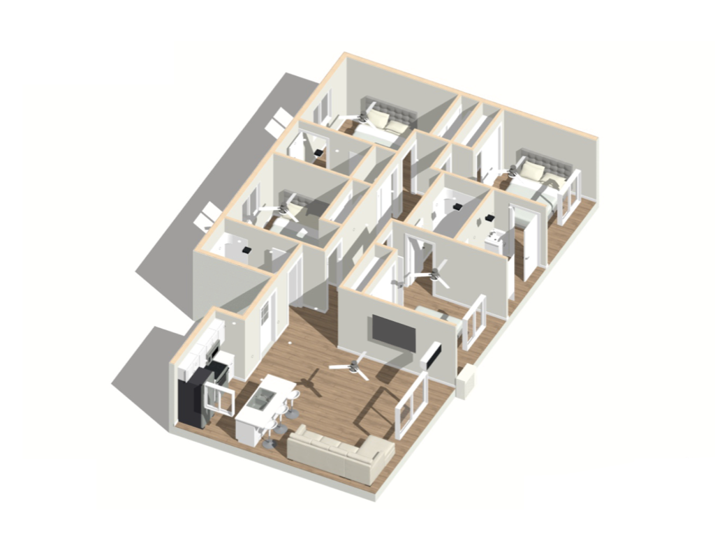 4 bedrooms + 4 bathrooms 1200 sq ft