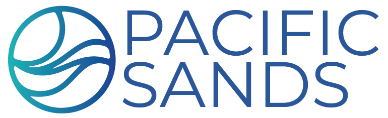 The logo for pacific sands is blue and white with a wave in the middle.