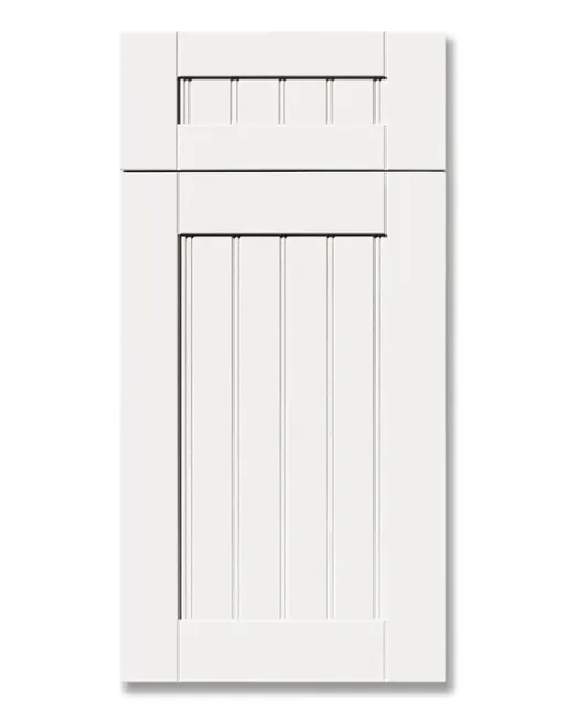 A white cabinet door with a slat design on a white background.