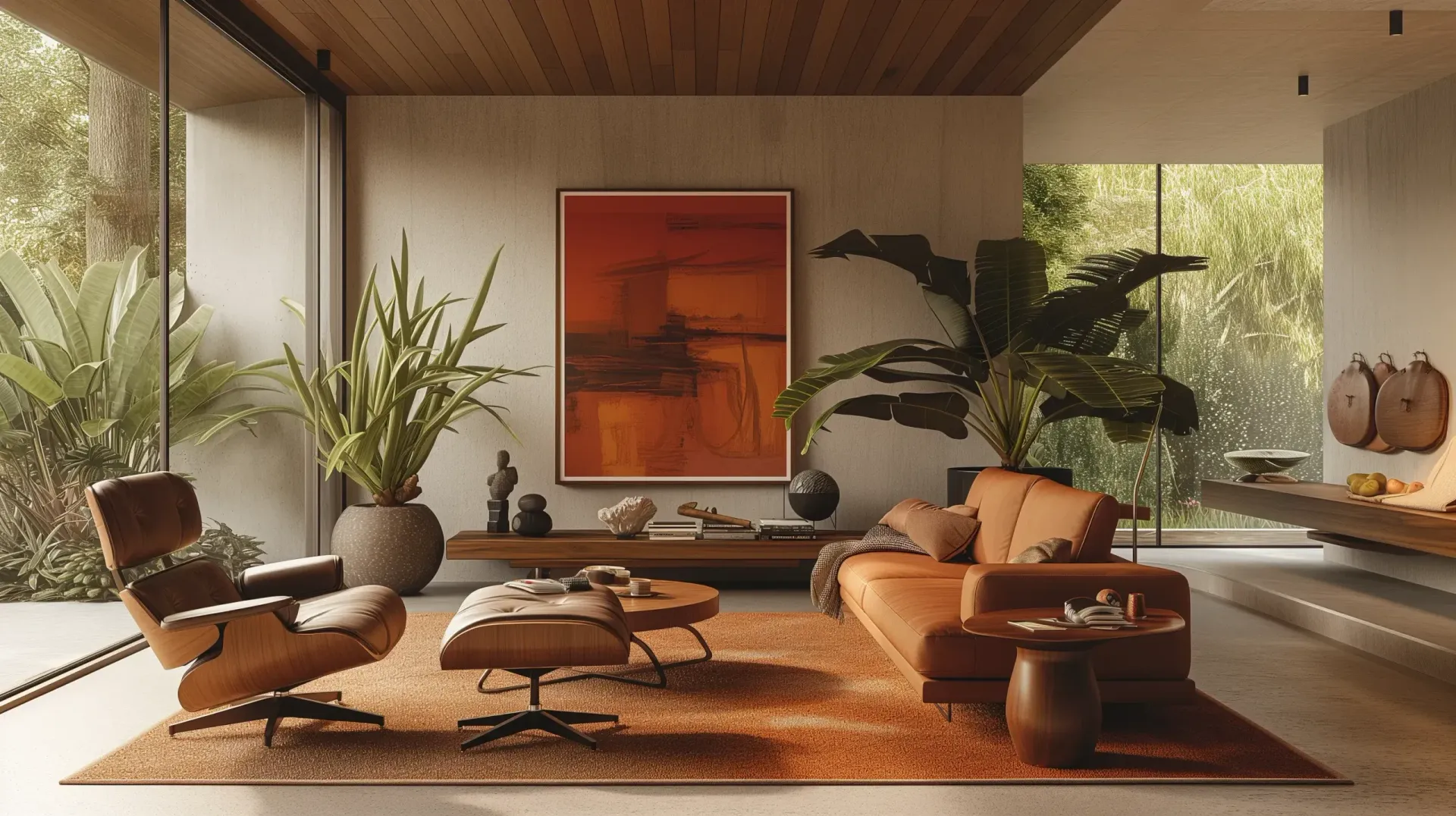 A living room with a couch , chair , table and plants.