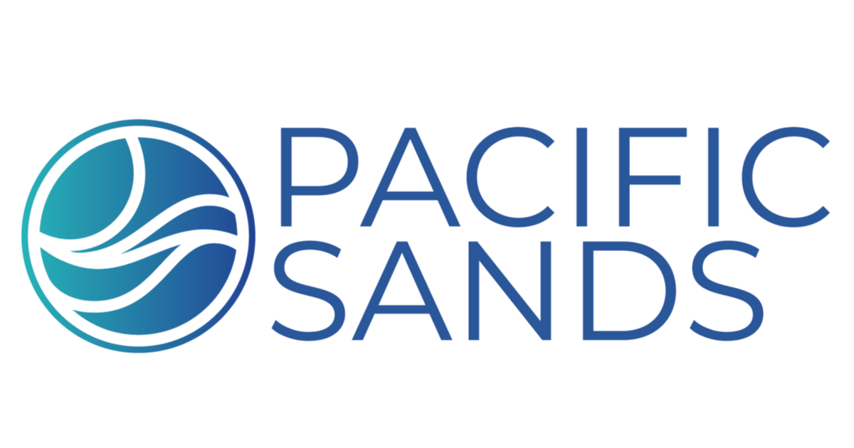 The logo for pacific sands is blue and white with a wave in the middle.