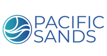 The logo for pacific sands is blue and white with a wave in the middle.