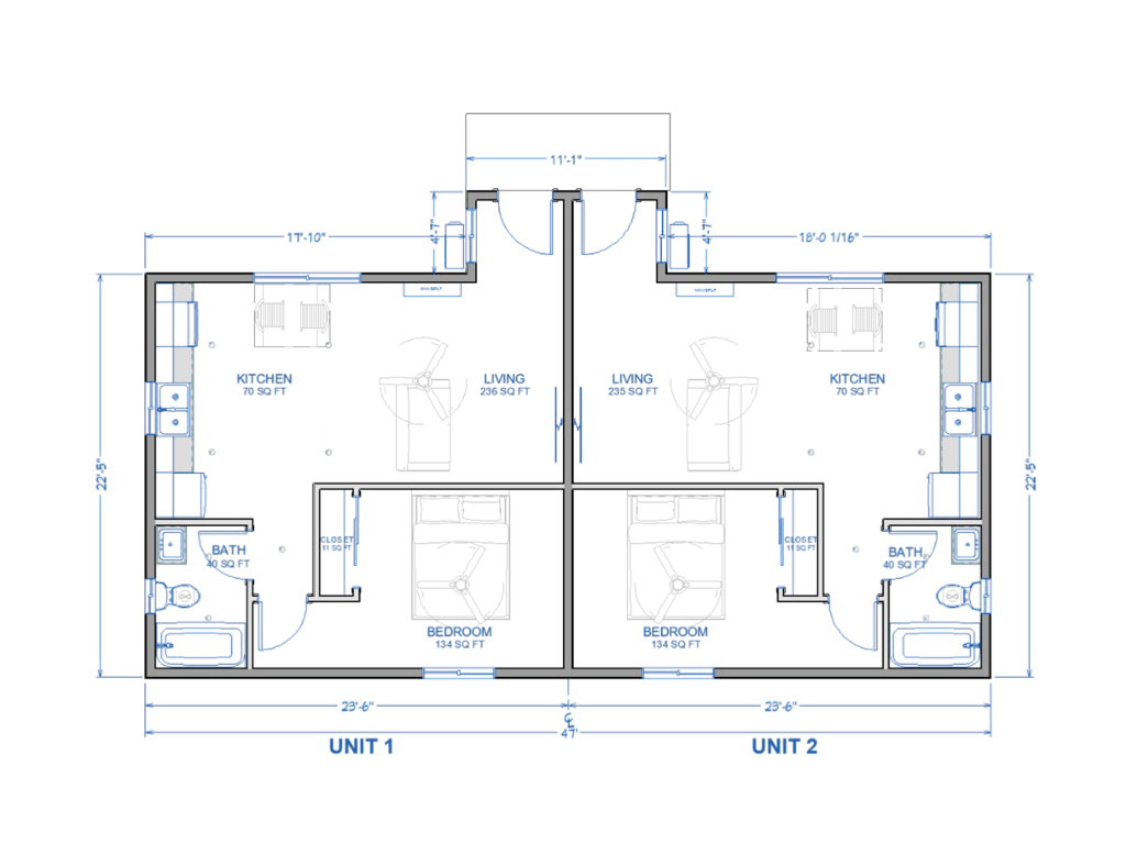 1 bedroom + 1 bathroom 2-unit 1100 sq ft