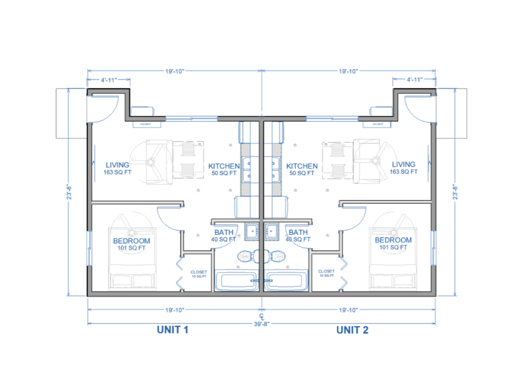 1 bedroom + 1 bathroom 2-unit 840 sq ft