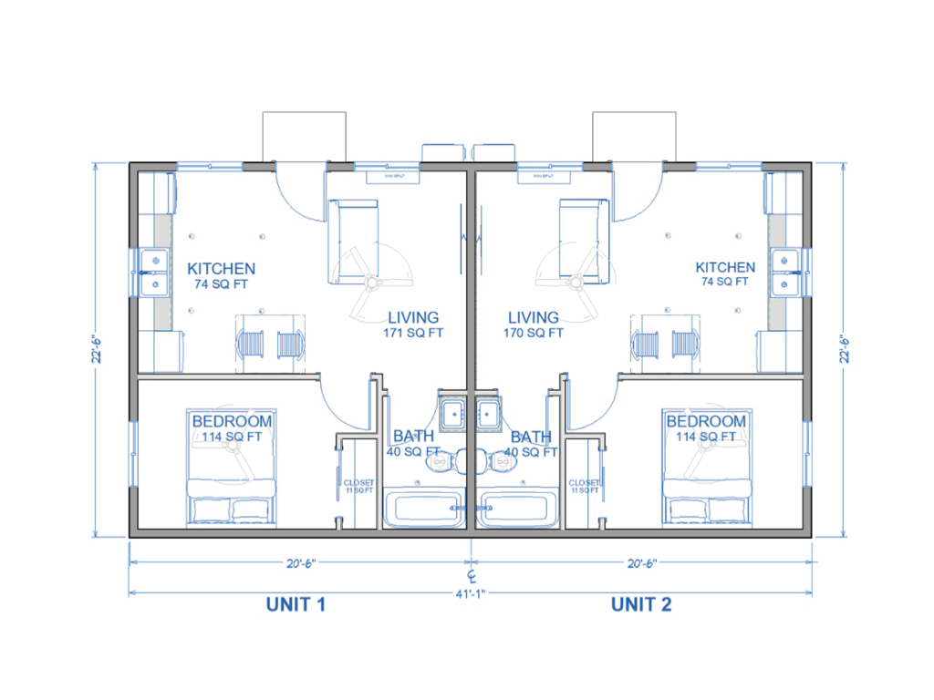 1 bedroom + 1 bathroom 2-unit 920 sq ft
