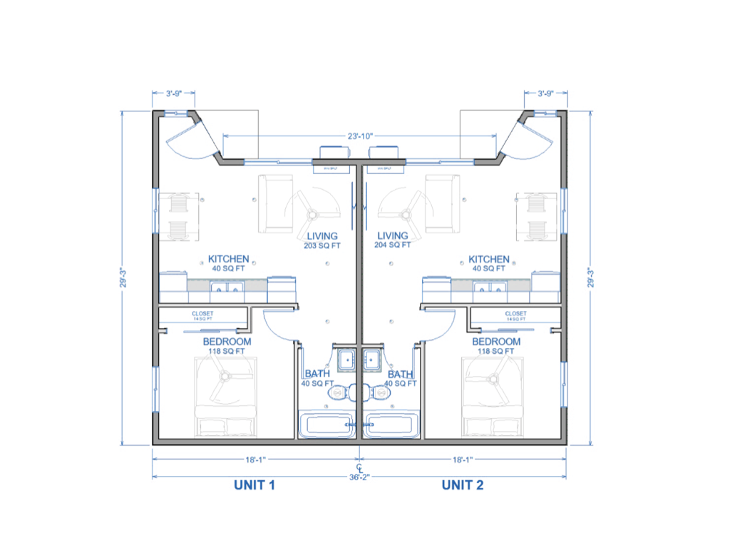 1 bedroom + 1 bathroom 2-unit 940 sq ft