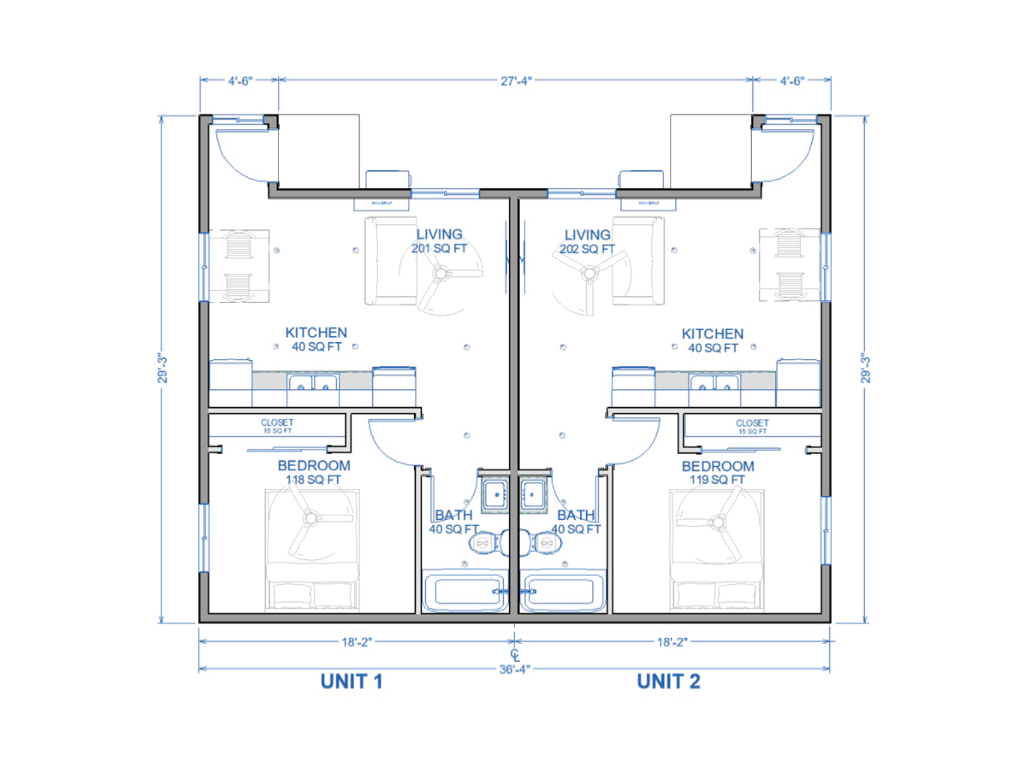 1 bedroom + 1 bathroom 2-unit