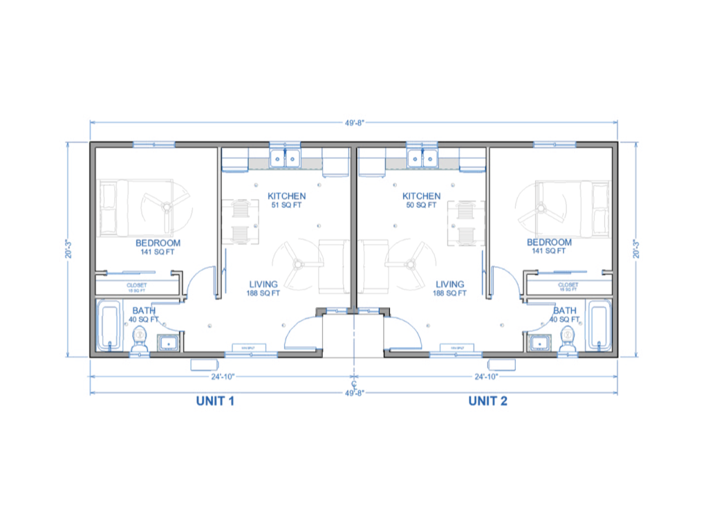 1 bedroom + 1 bathroom 2-unit 980 sq ft