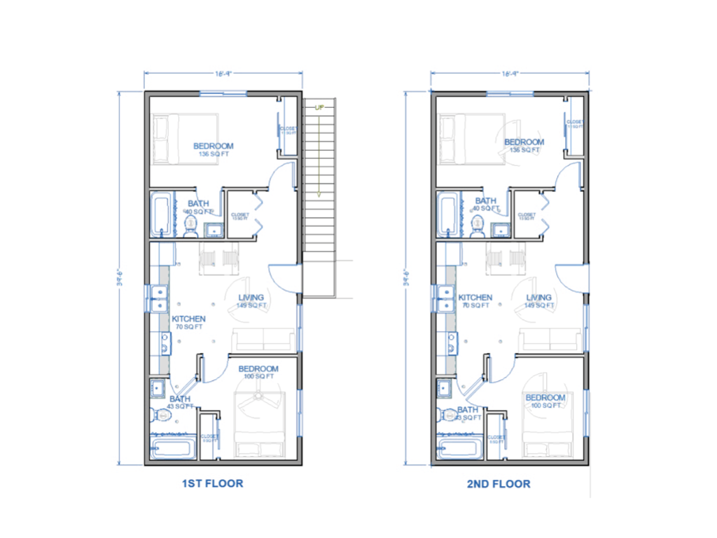 2 bedrooms + 2 bathrooms 2-unit 2-storey 1200 sq ft