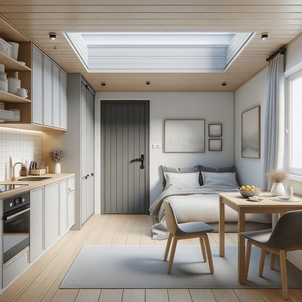 A bedroom with a table and chairs and a skylight in the ceiling