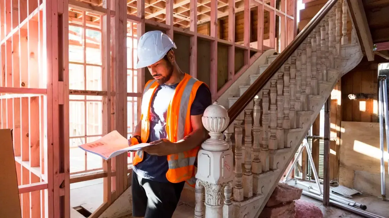 A construction worker is standing next to a staircase in a building under construction.