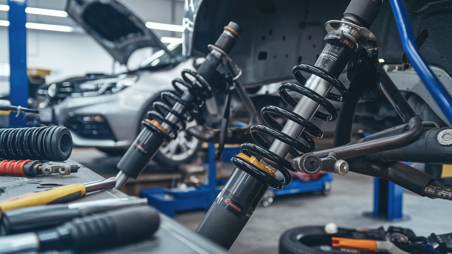 A man is working on a laptop computer under the hood of a car.