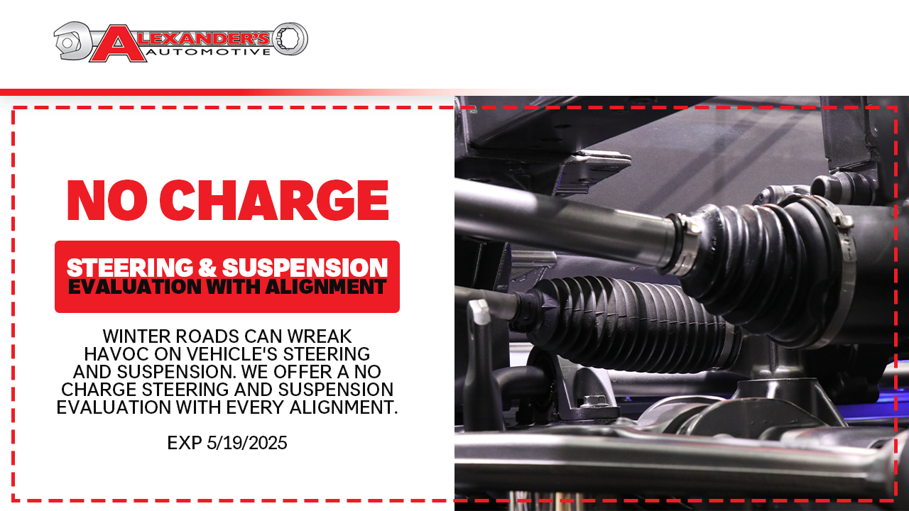 A coupon for no charge steering and suspension evaluation with alignment