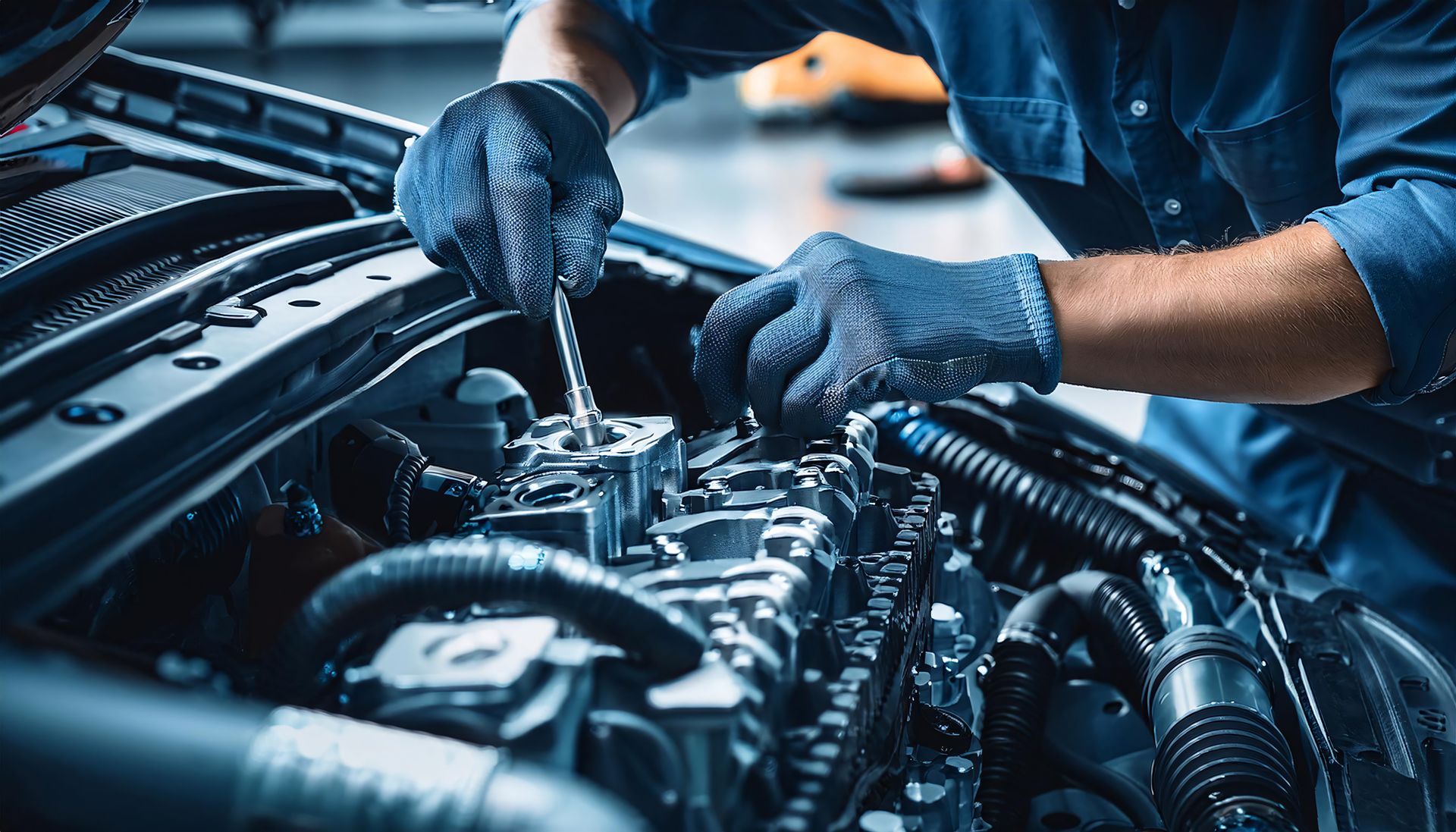 A man is working on the engine of a car in a garage.