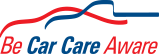 A logo for be car care aware with a red , white and blue ribbon.