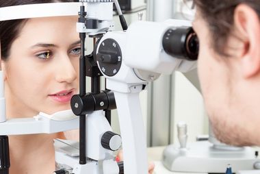 Woman Having an Slit-Lamp Eye Test — Midlothian, VA — Dr.Philip Larrabee & Associates