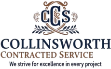 Collinsworth Contracted Services logo with blue and orange monogram and slogan &ldquo;We strive for excellence in every project.&rdquo;