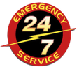 a red and black emergency service logo with a lightning bolt