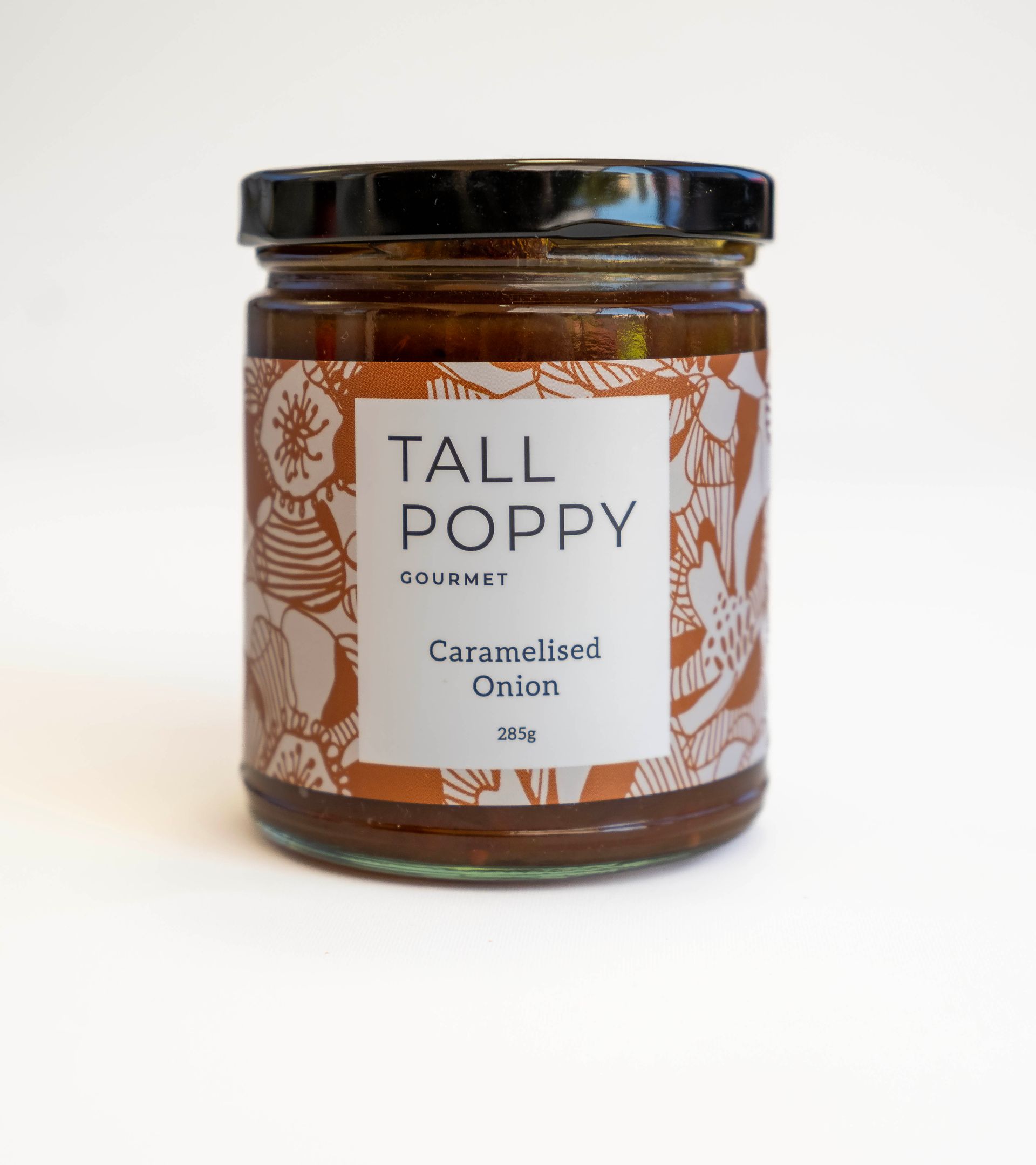 Jar of Tall Poppy Caramelised Onion on white background.