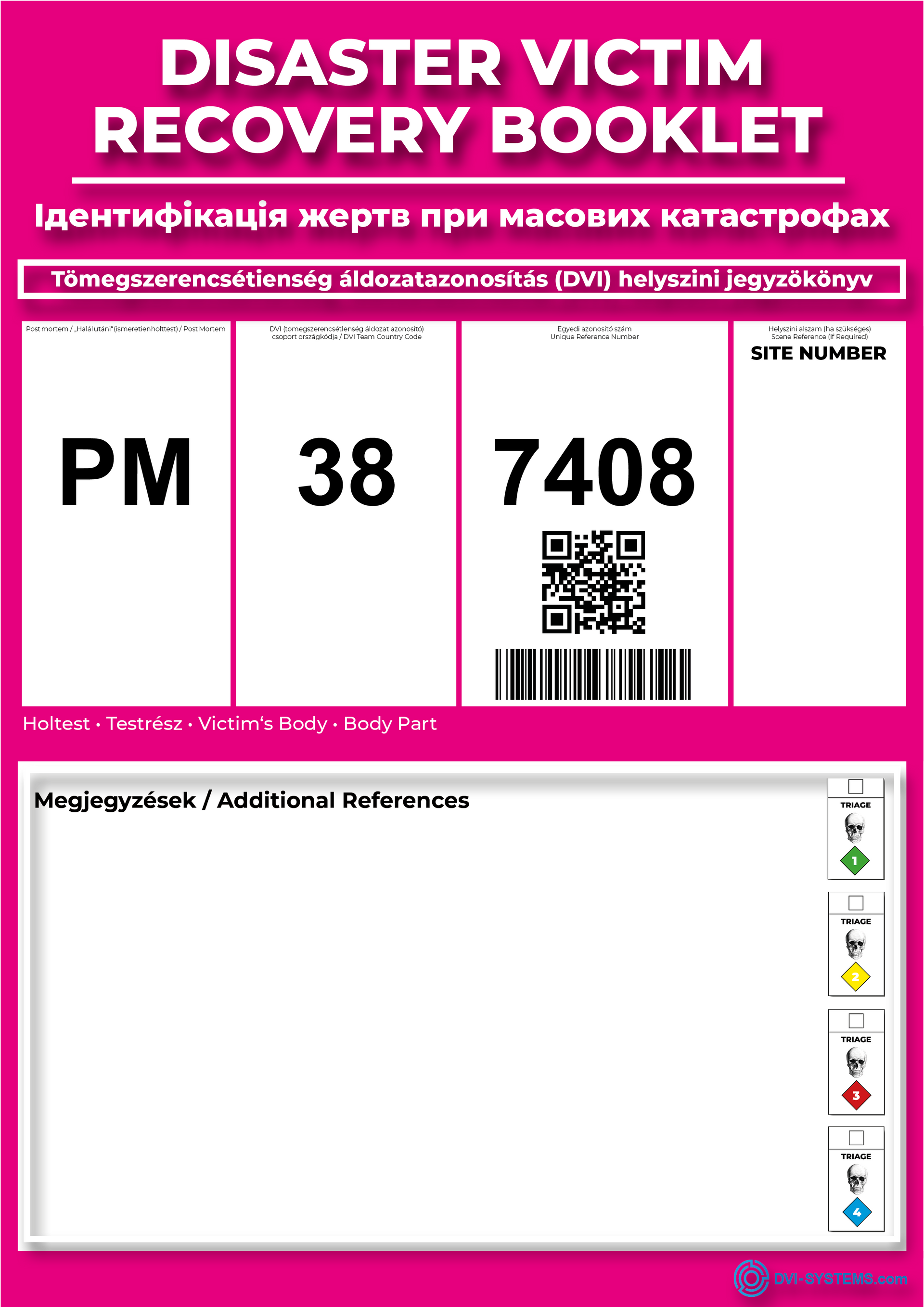 Durable DVI booklets for structured victim data documentation according to international ID standards.
