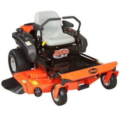 An orange zero turn lawn mower with a gray seat