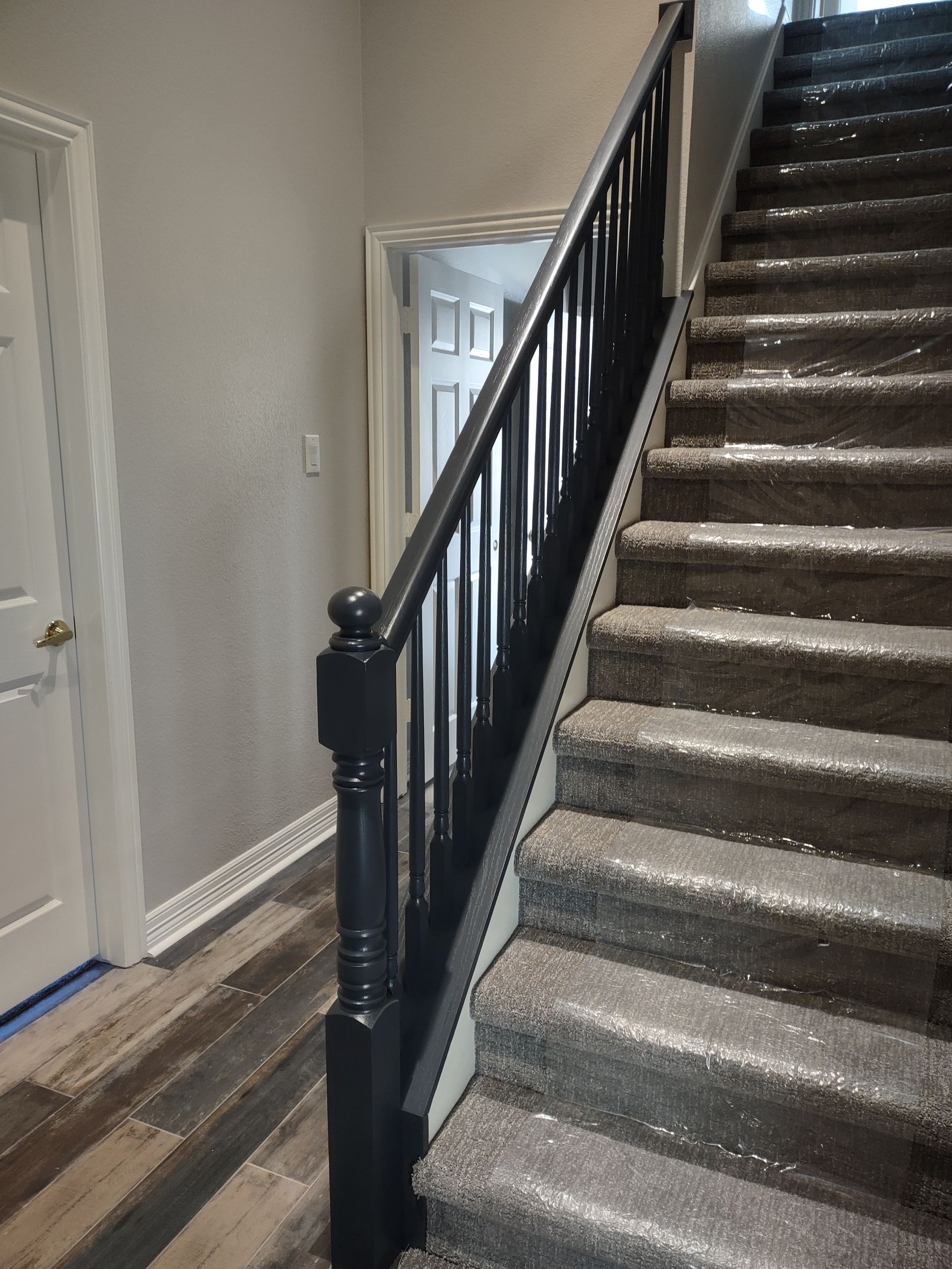 A staircase with a black railing and carpeted steps in a house.