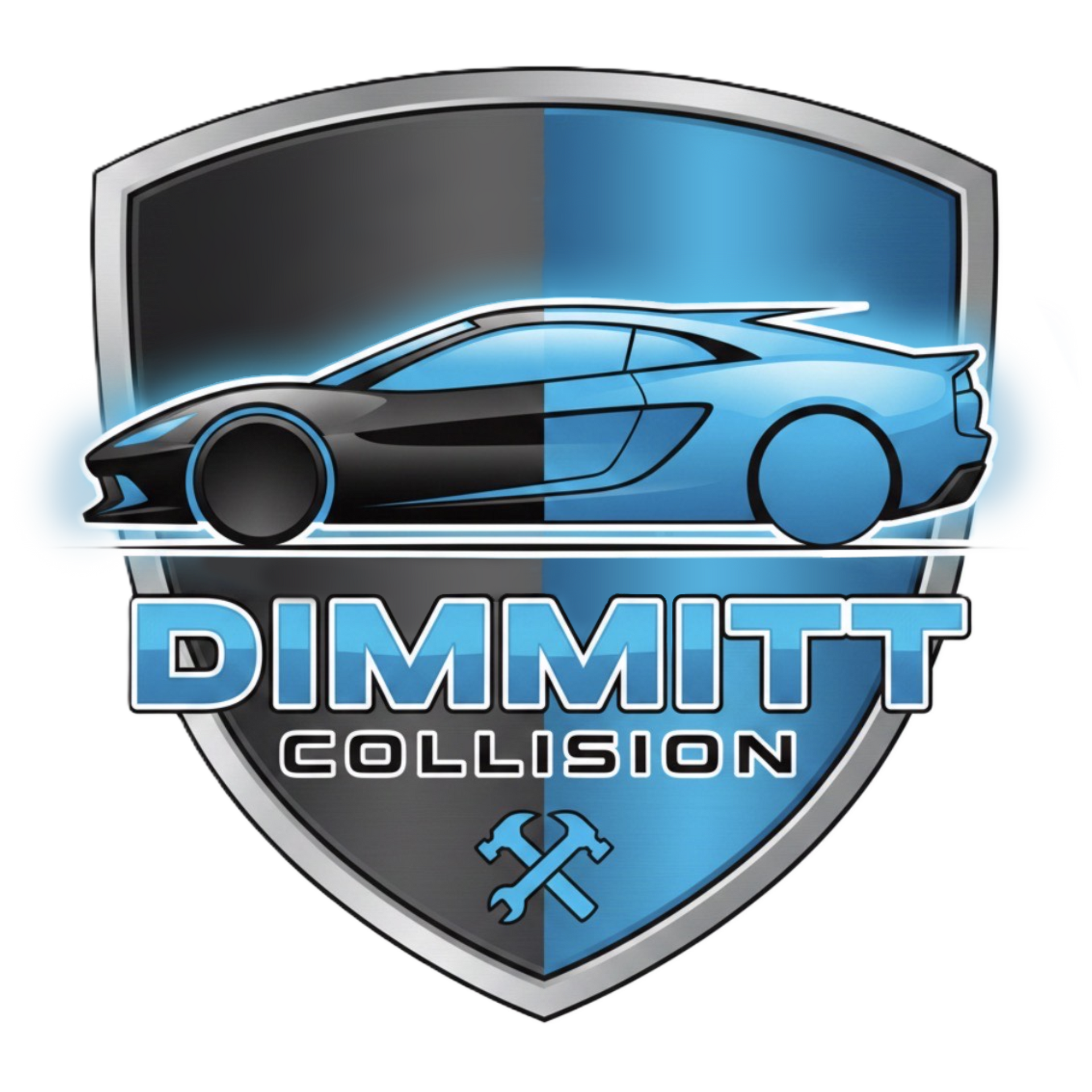 Logo for Dimmitt Collision. A blue and black car within a shield, the name in blue text. A wrench and hammer are present.