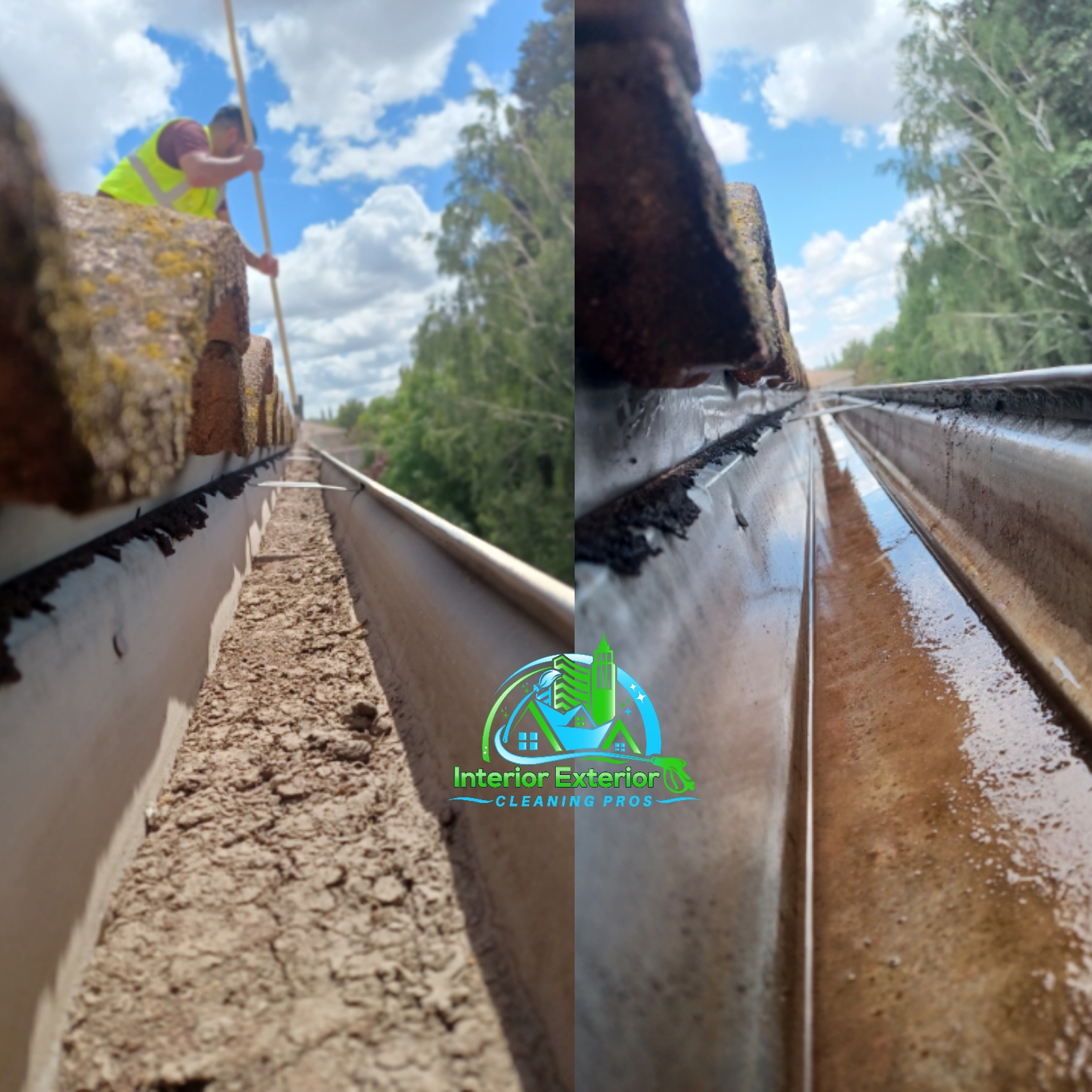 A before and after picture of a gutter being cleaned.