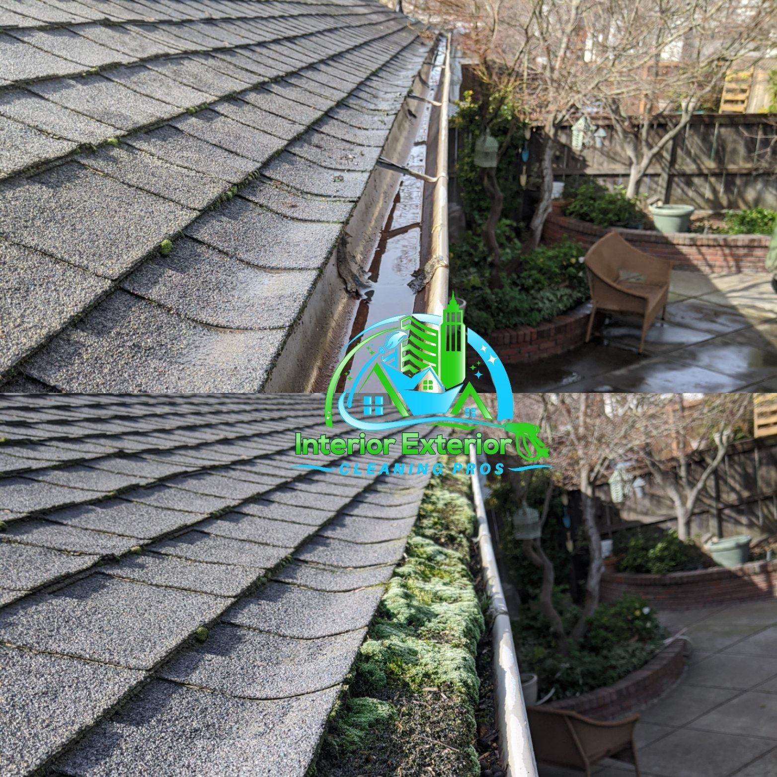 A before and after picture of a gutter on a roof.