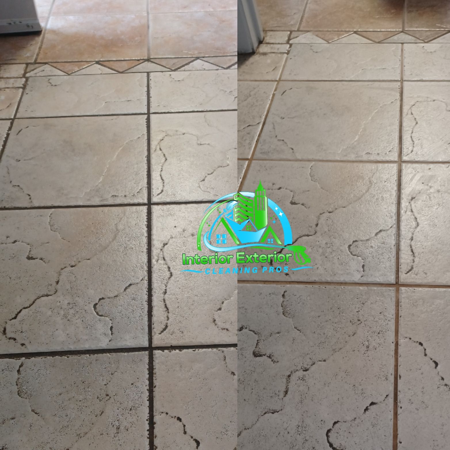 A before and after photo of a tile floor with a logo for interior exterior cleaning