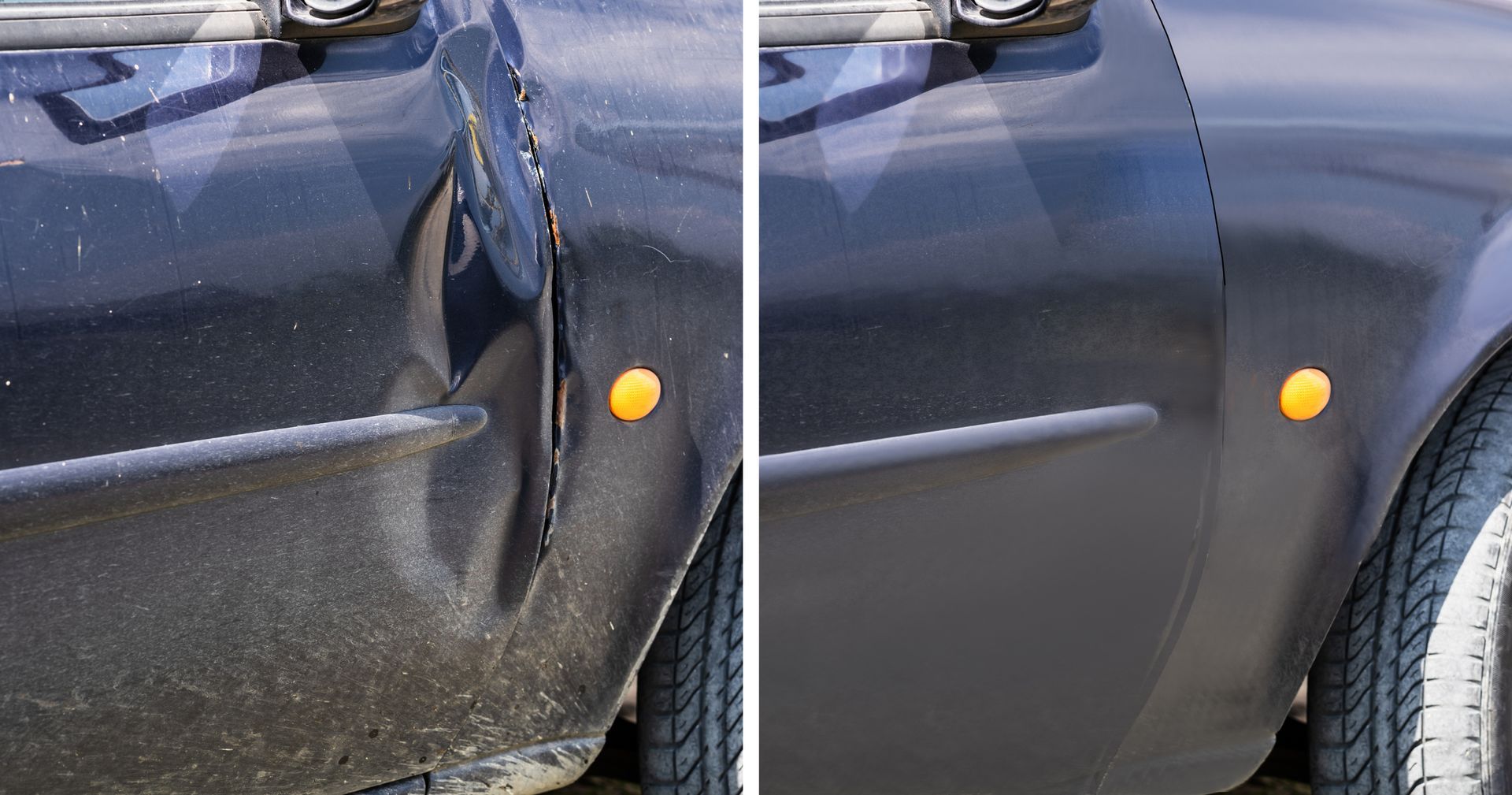 A before and after photo of a car with a dent in the fender.
